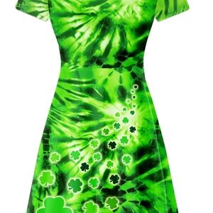 Green Tie-Dye Dress with Clover Pattern